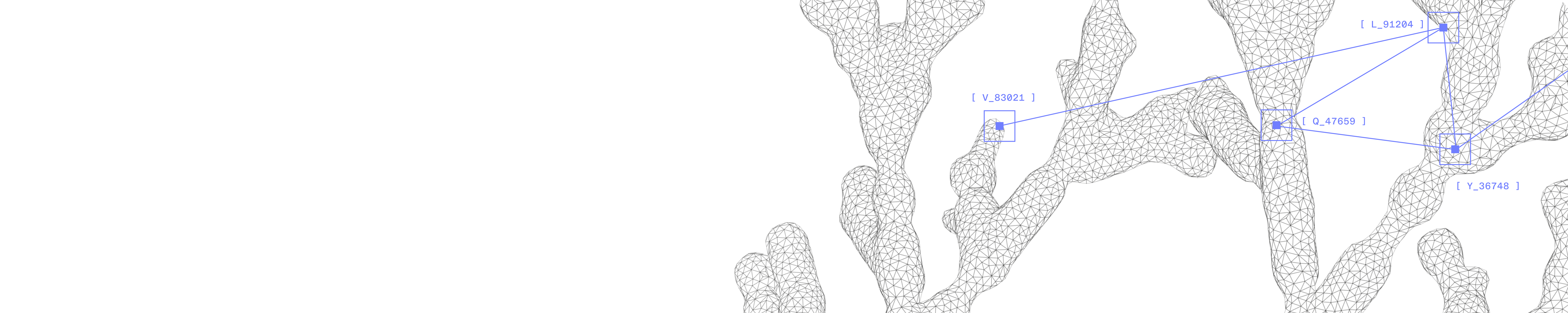 Squared markers with bracketed identifiers, connected by thin lines over a dark wireframe mesh